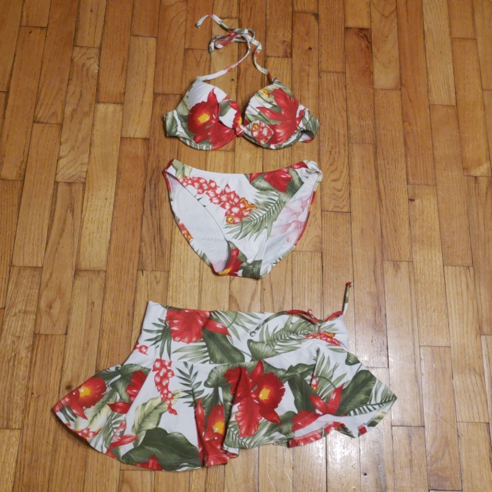 Exotic halter bikini set w/ cheeky skirt cover up